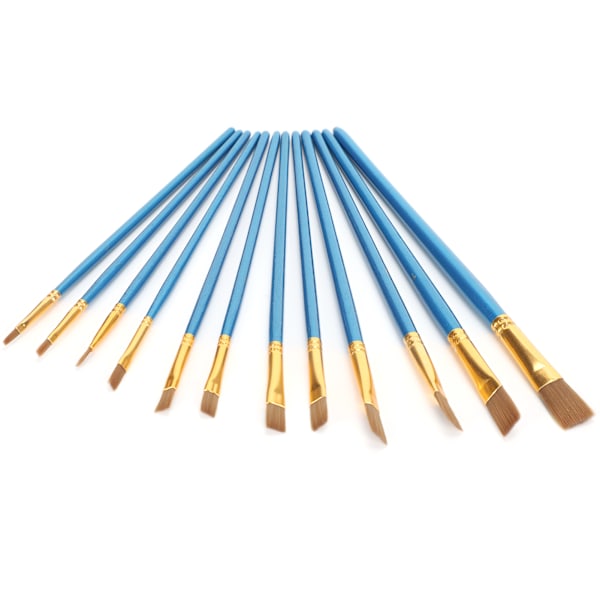12 stk. pensel sæt flad spids nylon uld blå stang træ aluminium rør maling pen
