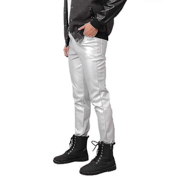 Youthup Men's Slim Fit Faux Leather Pants - Silver EU 36