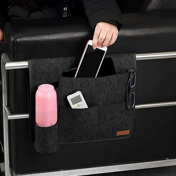 Sengepose Hængende Sengehylde med Flaskeholder Anti-Slip Opbevaringspose til Bog, Magasiner, iPad, Mobiltelefon, Fjernbetjening - Mørkegrå