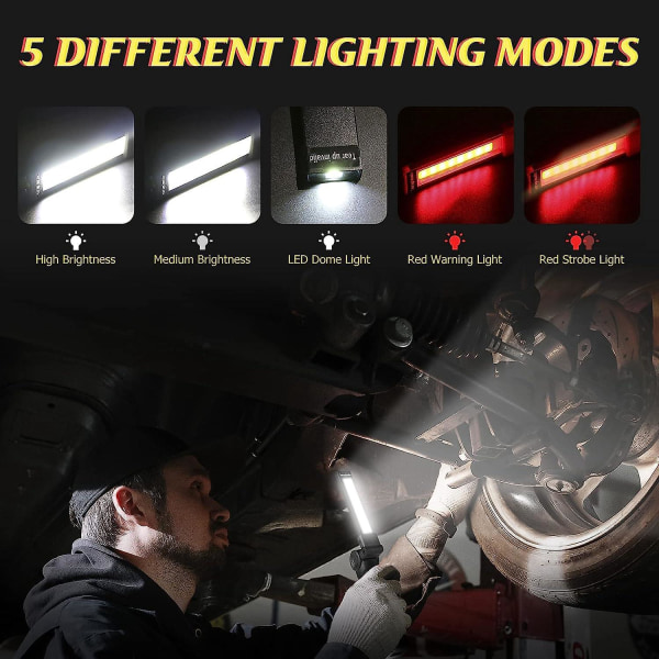 Genopladeligt Cob arbejdslys med magnetisk base - 5 tilstande, hvidt/rødt lys, bærbar campinglampe til garage, nødsituation