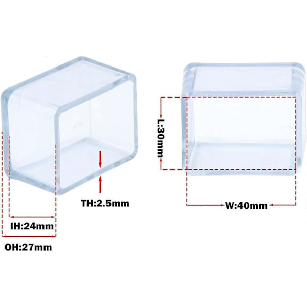 12-pack Rektangulära PVC Stolsbensskydd Repskydd Möbelfötter - 30 x 40 mm (3,0 x 4,0 cm) - Transparent