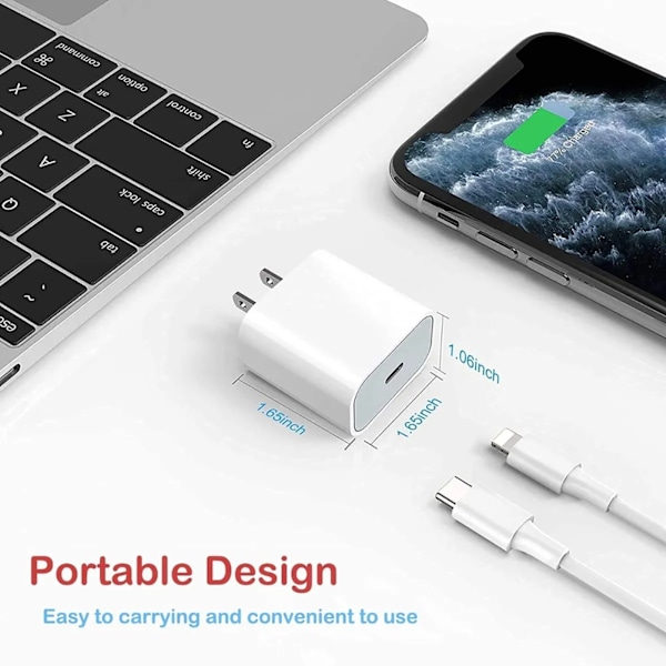 20W PD hurtiglader USB C vegglader med 3,3 fot hurtigladekabel for IPhone 12 11 8-serietelefoner