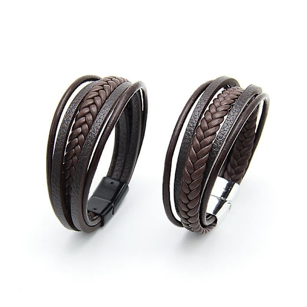 Brun läderflätad herr armband med naturlig helande sten och magnetiskt spänne