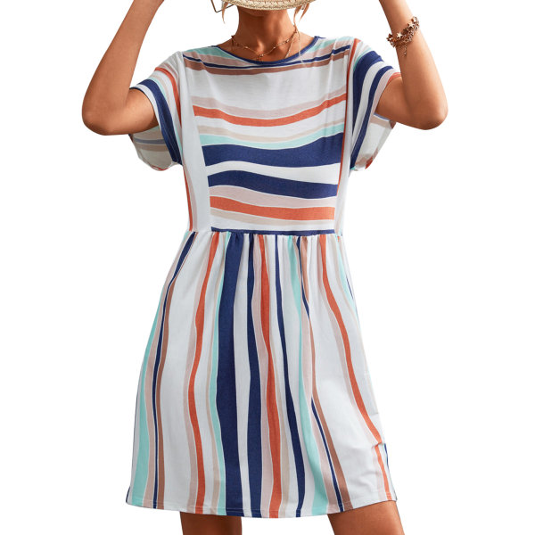 Kortermet løs kjole med stripete trykk for kvinner – oransje og hvit, uformell stil (størrelse L)