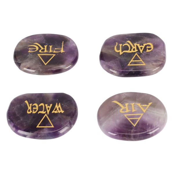 4 Element Blandade Stenar Graverade Triangulära Symboler Jord Luft Eld Vatten Polerade Runstenar för Reiki Kristallhealing Ametist
