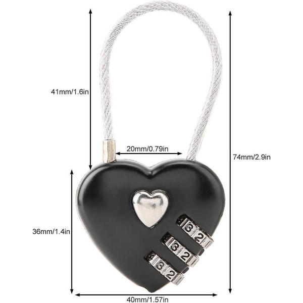 Svart hjerteformet 3-sifret kombinasjonslås for bagasje, koffert, ryggsekk, smykkeskrin