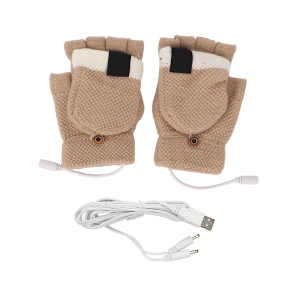 USB Heated Gloves Full and Half Fingers Washable Knitting Electric Heating Gloves for Outdoor Khaki