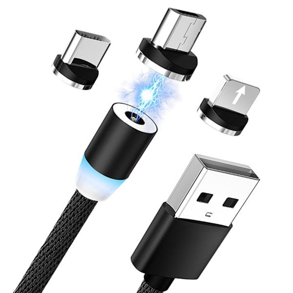 Magnetisk laddningskabel 3,3 fot 3 i 1 nylonflätad magnetisk telefonladdningskabel för Android för IOS för typ C svart M005 svart 3 i 1