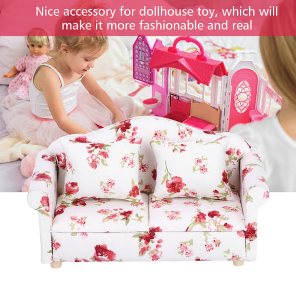Dukkehus Tilbehør Blomstermønster Mini Møbler Dobbelt Sofa til 1/12 Skala Dukke (#1)