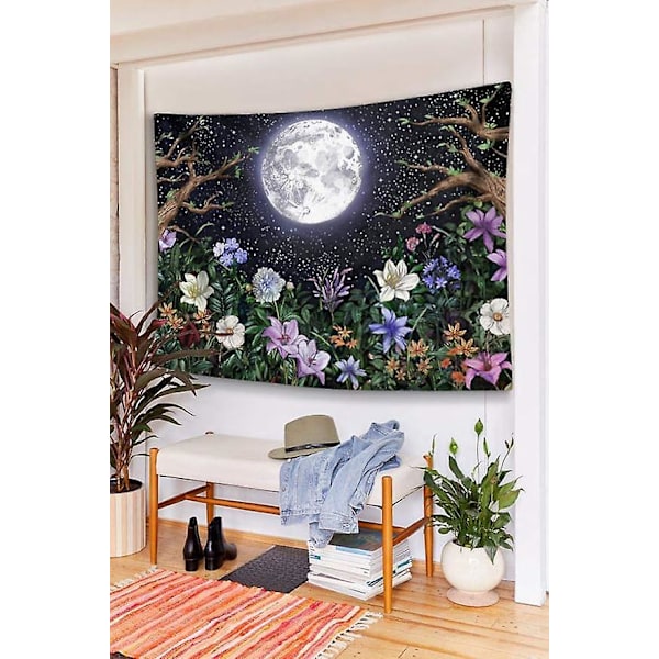 Estetisk Månträdgård Gobeläng Väggbonad, Nattscen med Färgglada Växter och Blommor Gobeläng för Sovrum Heminredning 130cm×150cm (50\"B × 60\"L)