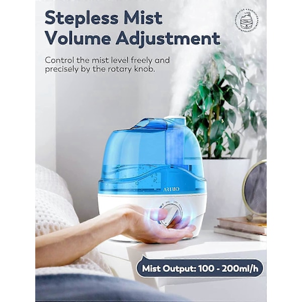 2L Luftfukter for Soverom og Barnerom, Stille Drift, Dyse Roterer 360