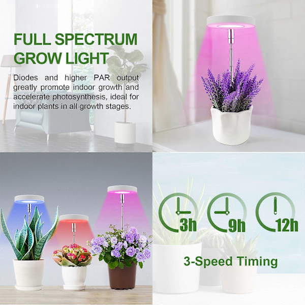 Vækstlys LED Plantelys til Indendørs Planter, Højdejusterbar Vækstlampe med Auto On/Off Timer til Små Planter ZD B2 B