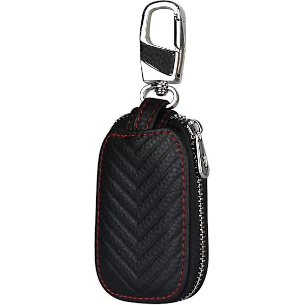 Black Car Key Leather Case with Portable Keychain, Mini Coin Pocket, Metal Hook, and Zipper