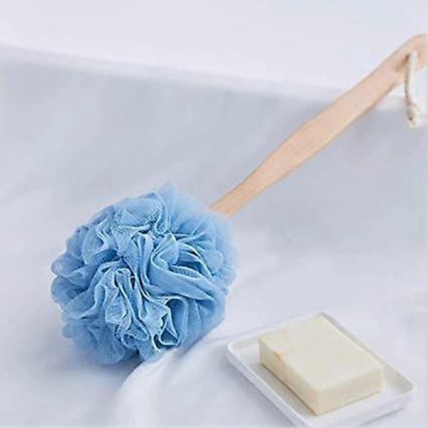 Loofah (Blå) Ryggskrubber for Dusj, Trehåndtak Lang Bade Svamp Lufa Dusjbørste, Myk Nylon Mesh Ryggrenser Vasker, Kvinner & Menn Eksfolierende