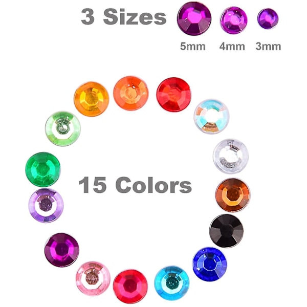 Ansigtssten - Selvklæbende Rhinestones - 1800 Stykker, 15 Farver, 3mm 4mm 5mm