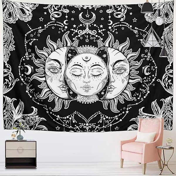 Sol og Måne Gobelin, Sol og Stjerner Psykedelisk Pop Mystisk Vægophæng Gobelin til Soveværelse Æstetisk Sort og Hvidt Strandtæppe (150*130cm)