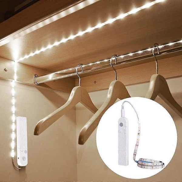 Skåpbelysning, 3M/10FT LED Garderobsbelysning med Rörelsesensor, USB Uppladdningsbar, Auto På/Av, Dimbar, 6000K Kallvit Skåplampa för