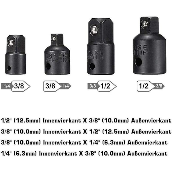 Topadapter 1/2 3/8 1/4 Hex Boremaskine Bits Adapter Sæt Møtrik Nøgle Reducer Topadapter Konverter Skraldenøgler Bits (Sort)