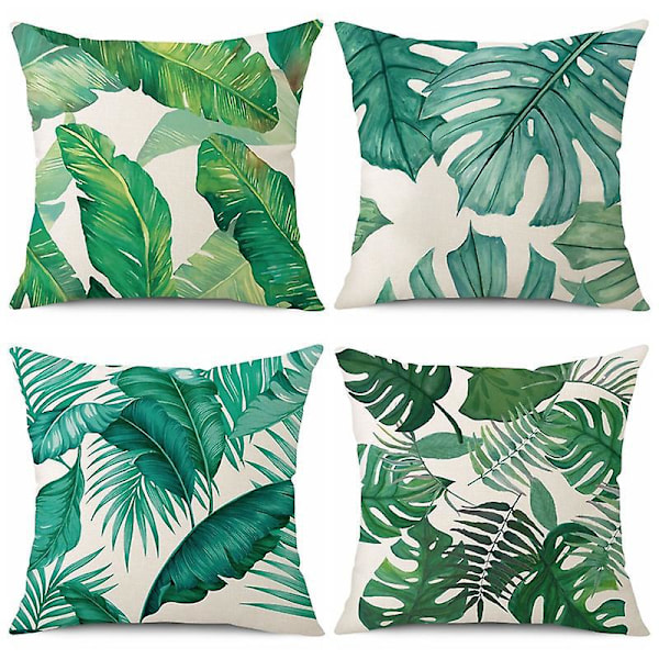 Sett med 4 stk. putetrekk med bladmønster, firkantede putetrekk, dekorasjon for sofa, stue, soverom, kontor, 45x45cm