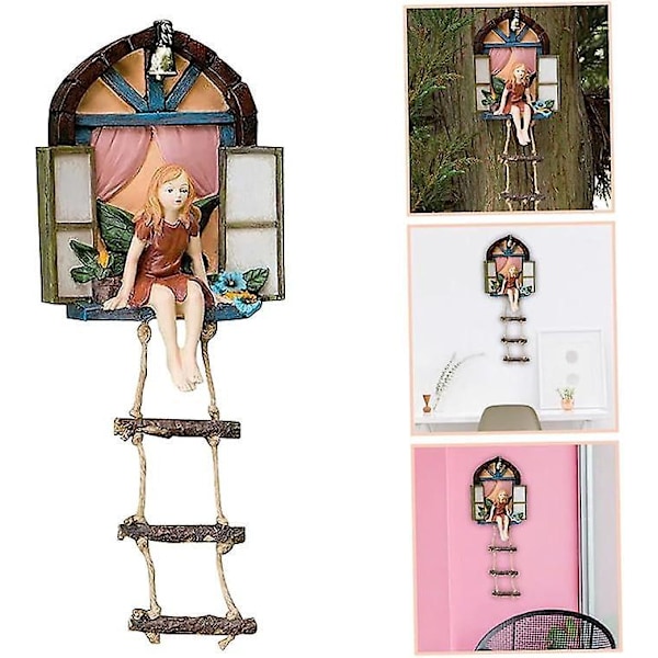 Fe Vinduesstatue til Eventyrhave, Miniature Fe Døre, Dele, Have Fe Dør med Hængende Stige Skulptur, Udendørs Statue Håndværkssæt, Polyresin