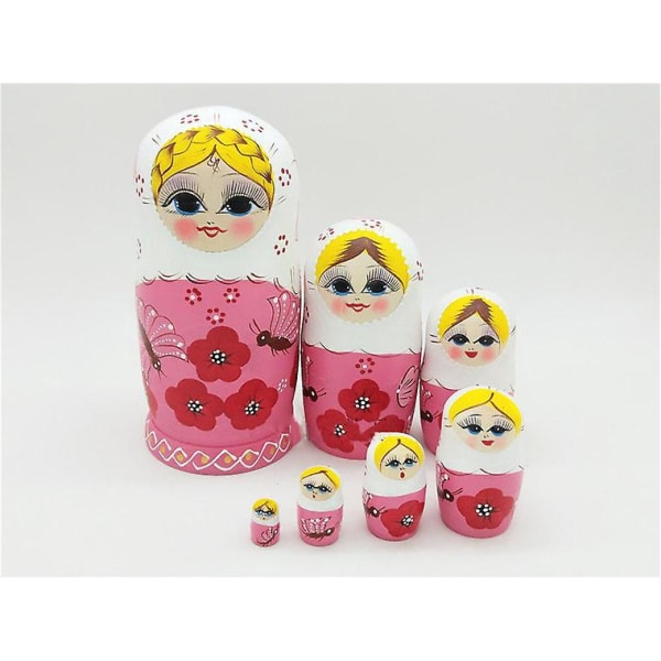 7-lags blond pige træ Matryoshka Nesting Doll Legetøjssæt til småbørn - Pink Babushka Dolls Gave til børn
