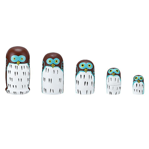 Bedårande Cartoon Wise Owl Nesting Dolls - Set med 5 | Handgjord staplingsleksak i trä | Barnleksakspresenter och ugglaprydnader
