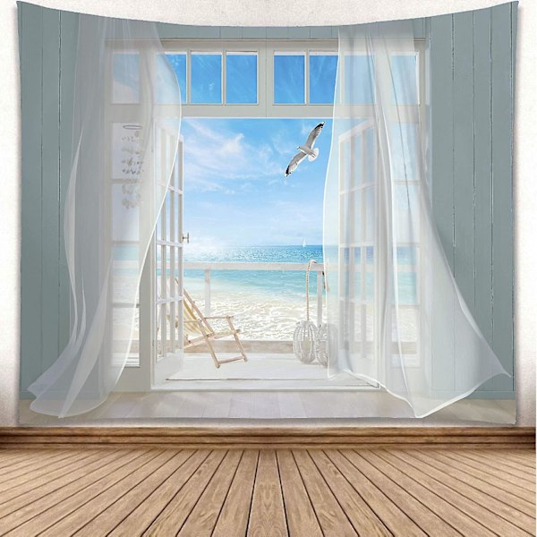 Väggbonad med havsmotiv, Sovrum Naturlig Strand Väggbonad, Boho Mås Tropiskt Paradis Väggdekor Fönster Vardagsrum Sovsal Kontor 150*130CM