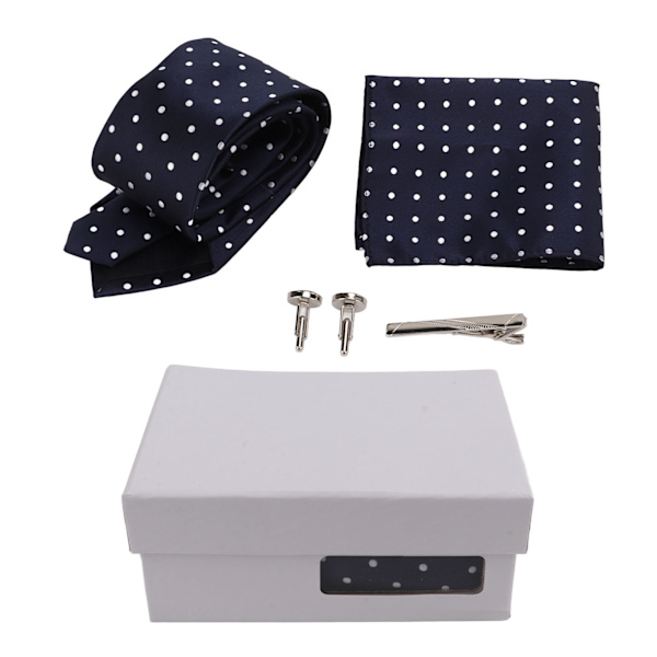 Set med slipsar för män i polyestergarn, klassisk slips med prickar, slipsklämma, manschettknappar, näsduk, affärsgåva i presentförpackning
