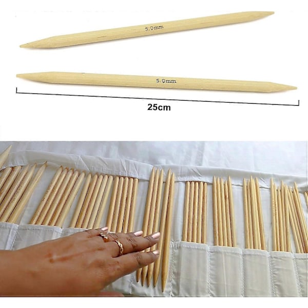 Dubbelspetsiga stickor i bambu, set för nybörjare och proffs, 80 delar (16 storlekar X 5 enheter), 2 mm till 12 mm, 25 cm, med förvaringsväska i canvas