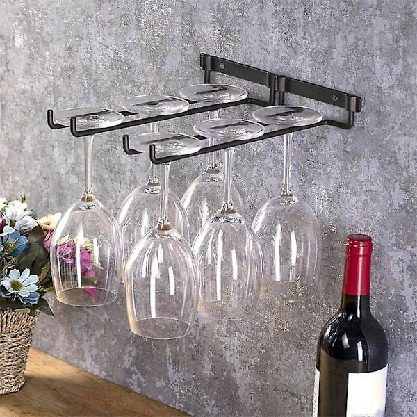 Vinglasholder, 2 stk. Stilkglas Holder med Skruer, Hængende Holdbart Metal Vinglasstativ Passer til 4 Glas til Køkken, Bar, Restaurant, Sort