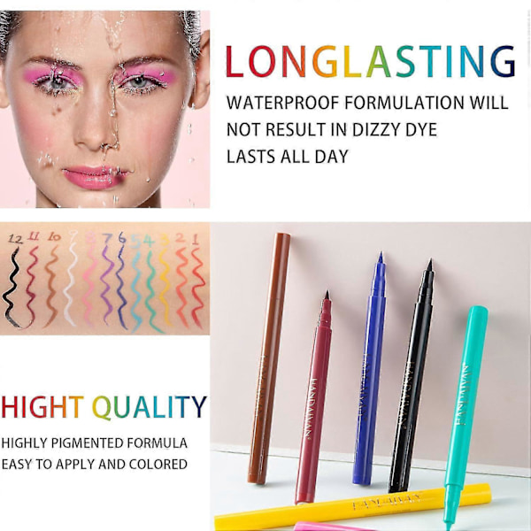 12 Färger Matt Flytande Eyeliner Set, Regnbågsfärgad Neon Eyeliner Penna, Pigmenterad Vattentät Kladdfri Långvarig Eyeliner för Kvinnor