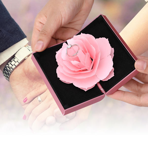 3D Ros Pop-up Ringask Bröllopsförlovningssmyckesförvaringsställ Ringhållare (Rosa)