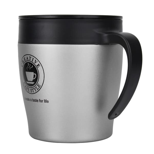 Isoleret kaffekrus i rustfrit stål med ske og låg til kontorrejser (sølv)