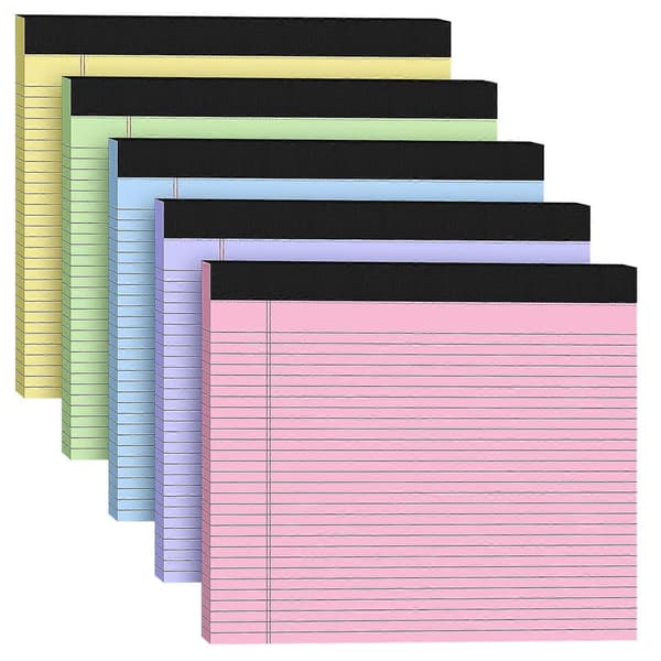 Brede notatblokker, 5-pakning, 11x9,5 tommer, linjerte, 30 ark, perforerte, slitesterk bakside, assorterte farger