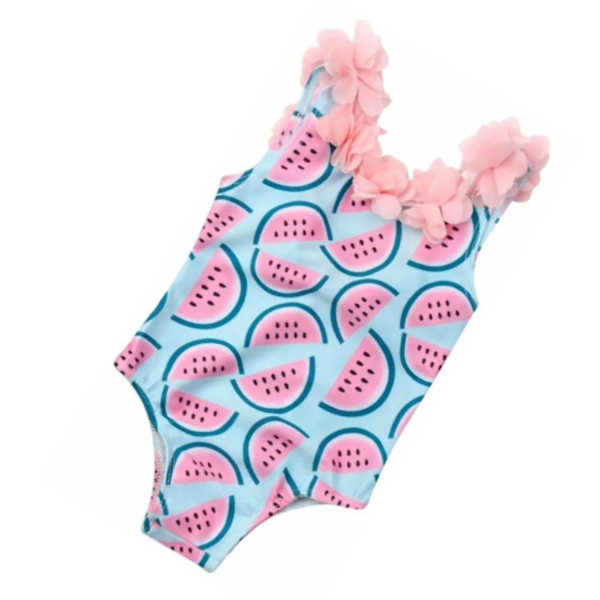 Børns badedragt med vandmelon-print og 3D-blomsterdekoration - Ét stykke badedragt til piger til stranden - Pink og blå - 110 cm/43,3 tommer