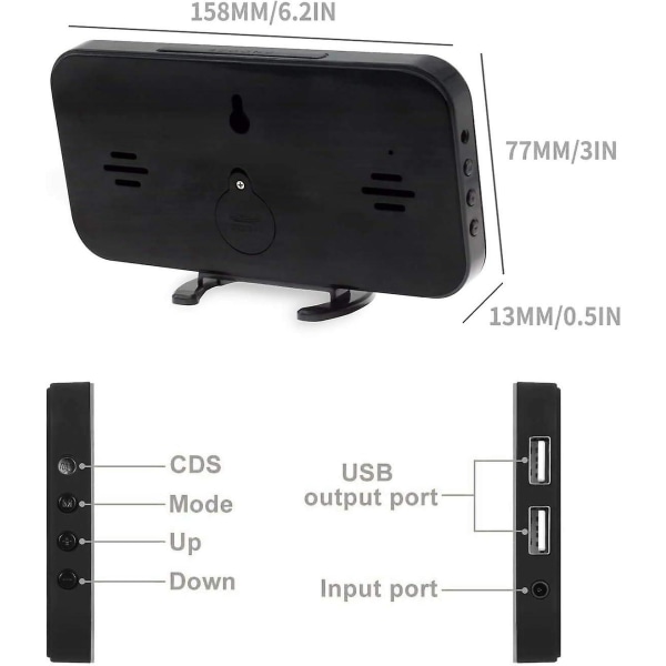 Modern LED-spegel digital väckarklocka med 2 USB portar, justerbar ljusstyrka, svart