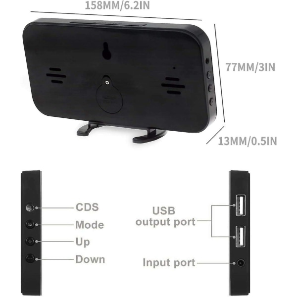 Moderni LED Mirror digitaalinen herätyskello 2 USB portilla, säädettävä kirkkaus, musta