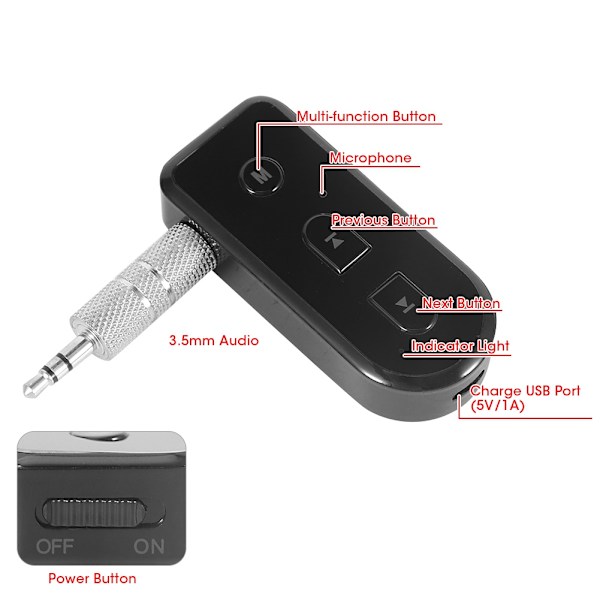 Trådløs Bluetooth Audio Receiver Bil 3.5mm Aux Jack Musikadapter