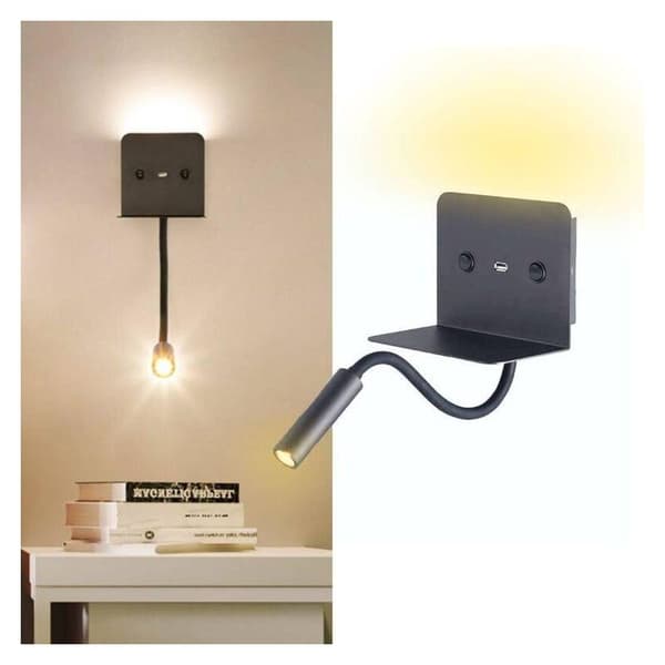 Slange 3W LED vegglampe + leselys med USB-port - Svart