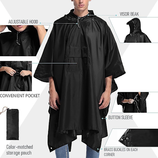 Camouflage vandtæt regnponcho til udendørsaktiviteter sort