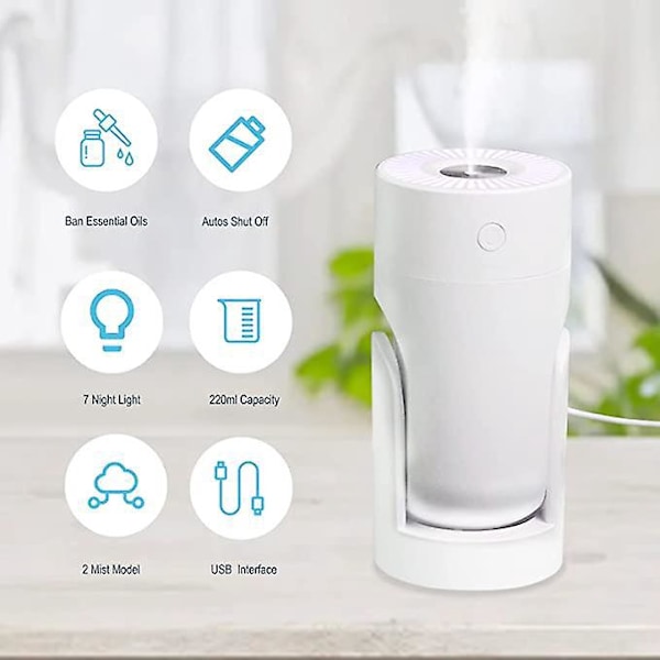 Støjsvag Luftfugter, 220ml USB Luftfugter til Soveværelse, Plante Luftfugter, Bærbar Mini Luftfugter til Bil, Kontor, Op Til 8 Timers Kontinuerlig Brug