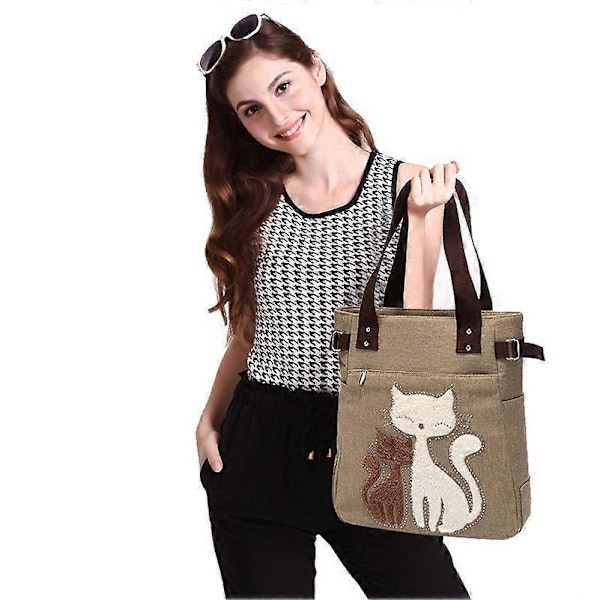 Kat Print Canvas Håndtaske til Piger og Kvinder, Stor Kapacitet Casual Skuldertaske, Bærbar Solid Lynlås Tote Taske rød