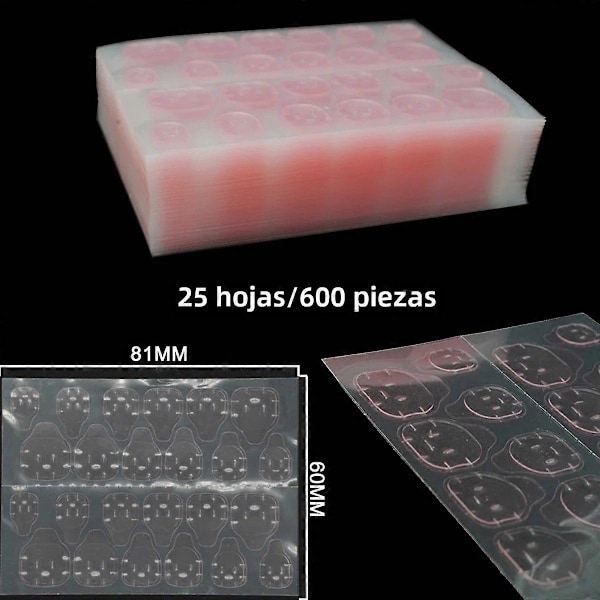 Dubbelsidiga Nagelstickers 25 Ark/600 Stycken Andningsbara Vattentäta Ödlesvansstickers för Lösnaglar Superhäftande Rosa-25 ark