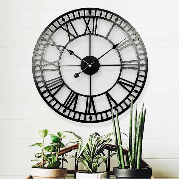 Säänkestävä puutarhakello, retro, roomalaiset numerot, vintage, yksinkertainen rautataide, ulkokello, paristokäyttöinen, hiljainen, 40 cm
