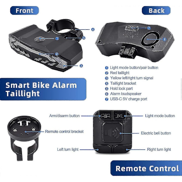 Cykelalarm med fjärrkontroll, cykelbakljus, 110 dB högt stöldskyddsalarm