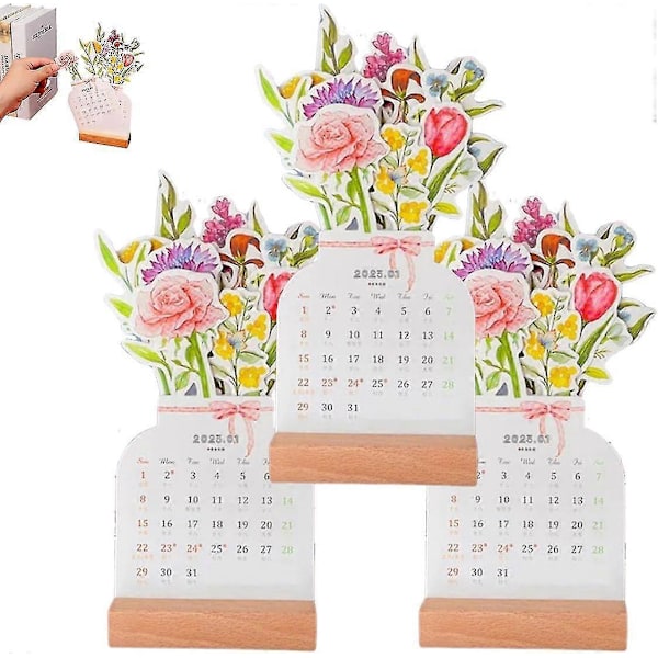 2024 Bloomy Flowers Pöytäkalenteri, Luova Kukka-aiheinen Pöytäkalenteri, 2024 Kukka-teemainen Kalenteri, Joululahjat Uudenvuodenlahjat A 3kpl
