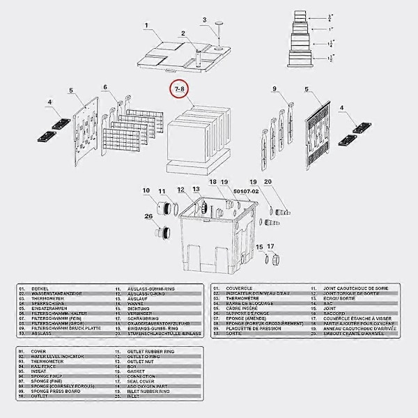 Reservedel biologisk filter CBF-350 Komplett sett med filtersvamper Skumfilter 24*20*7.5CM