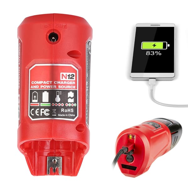 Bærbar USB-batterioplader og strømkilde egnet til Milwaukee 48-59-1201 M12