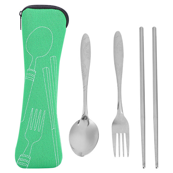 Bärbar sked i rostfritt stål ätpinnar med förvaringsväska Camping set(grön)