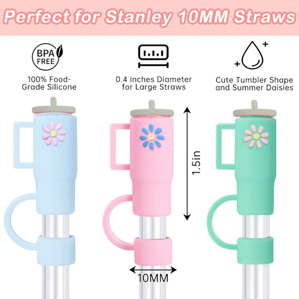 5 stk. strådeksel lilla rosa cyan lyseblå hvit silikon tredimensjonalt antistøv stråhette for 10 mm strå